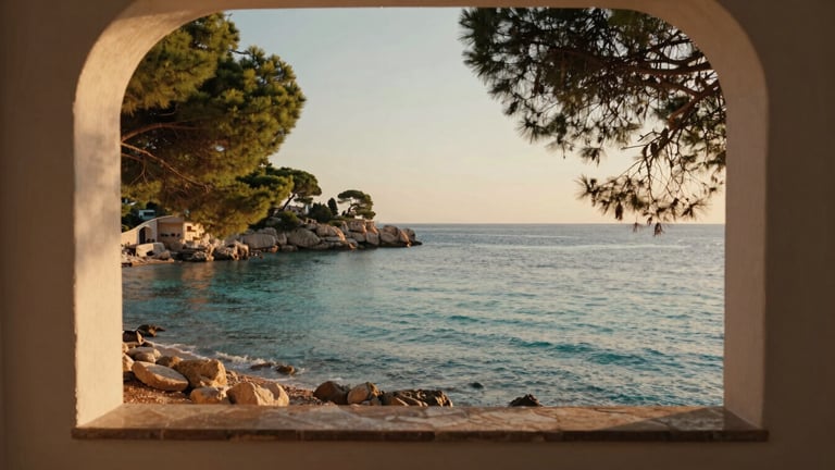 Panoramic view of a quiet Mallorcan cove at sunset, crystal clear turquoise water, pine trees framing the coast, warm cinematic light