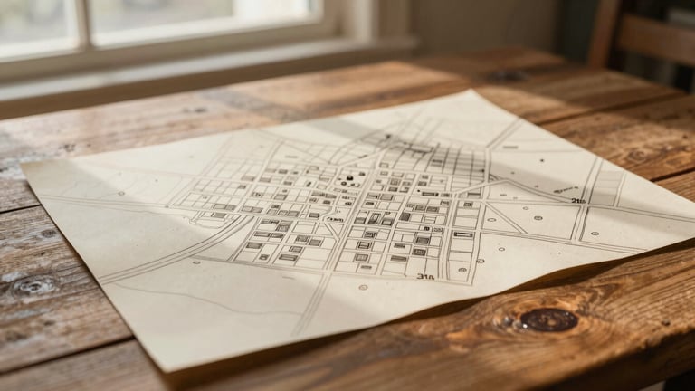 An artistic, warm editorial photograph of a hand-drawn neighborhood map on a rustic wooden table, soft morning window light casting gentle shadows, rich cream and coffee tones, shallow depth of field, 35mm film style.