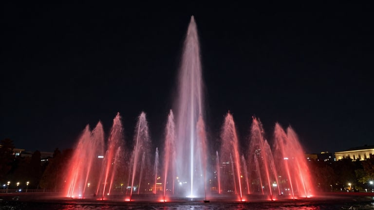 Dramatic wide-angle photograph of a musical fountain at dusk in Yerevan, sharp red and white light beams illuminating water jets against a deep black sky