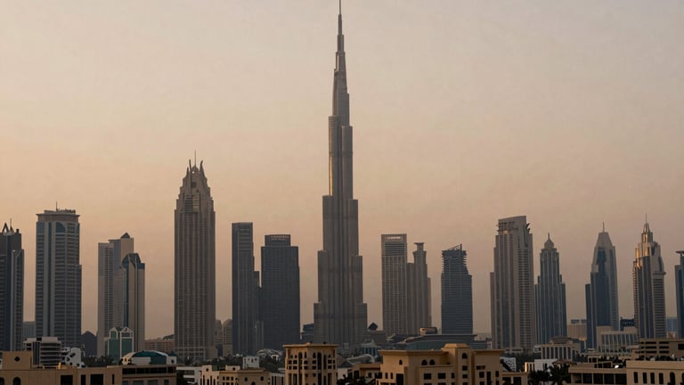 Warm editorial photography of a panoramic wide shot of the Dubai skyline at dusk, soft natural twilight, architectural focus, muted sophisticated tones, medium format film.