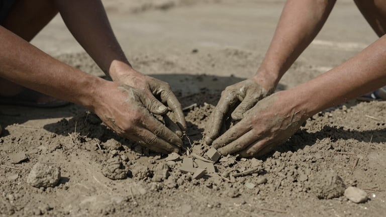 Wide panoramic shot of hands caked in dry river silt, scooping raw clay from a riverbed, harsh directional side-lighting, deep shadows, desaturated earth tones.