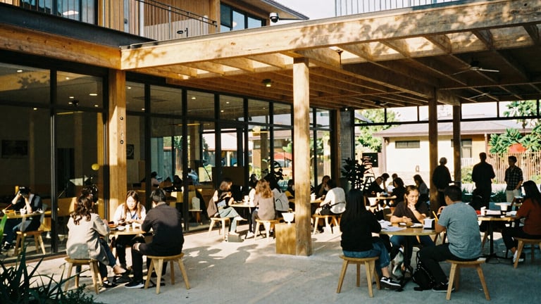 Wide environmental shot of a modern, sustainable community learning center with large glass windows, warm natural sunlight reflecting off wooden beams, local residents gathering outside, 35mm film look