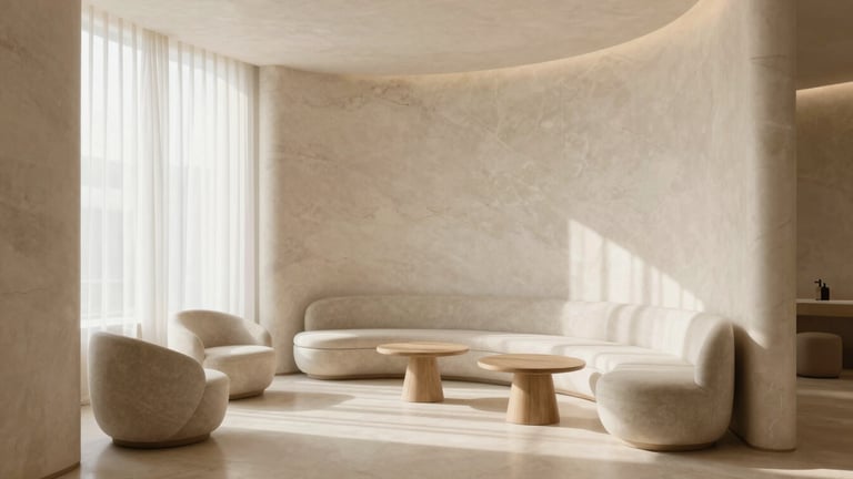 Tranquil wellness clinic lounge with curved alabaster walls, soft natural light streaming through sheer curtains, minimalist organic furniture, serene atmosphere
