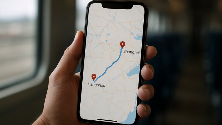 Close-up of a hand holding a smartphone displaying a clean route map app with city pins for Shanghai and Hangzhou, soft natural window light, blurred train carriage interior in background