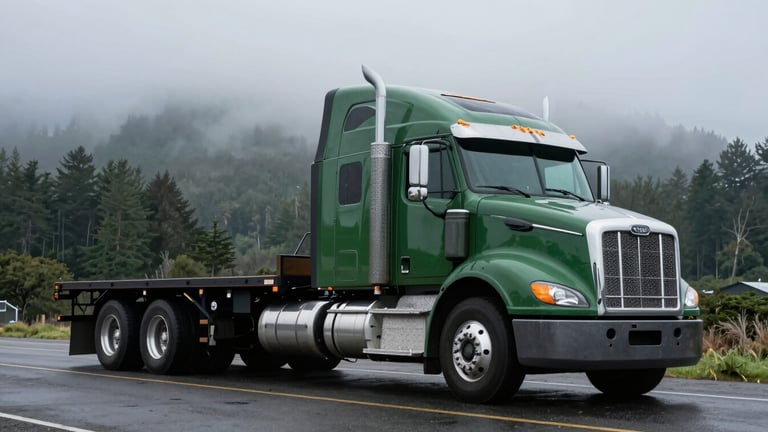 Low-angle heroic shot of a parked heavy-duty flatbed semi-truck in Coos Bay, secured cargo, dramatic misty overcast sky, deep forest green cab