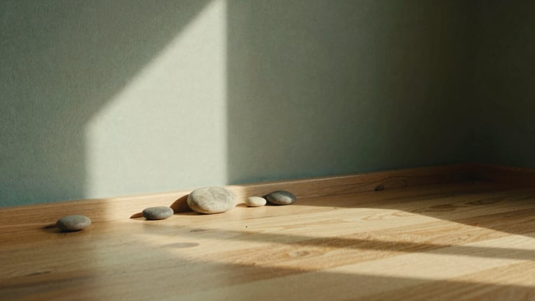Sunlit corner of a minimalist therapy studio, natural wood textures, smooth river stones, diffused afternoon light, earthy green and muted gold tones, shallow depth of field, 35mm film texture.