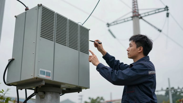 A utility technician inspecting a power grid transmitter in an overcast outdoor environment, rugged realism, 50mm lens