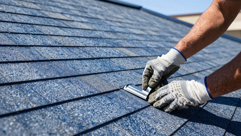 Close-up, low-angle shot of a roofer's hands in clean branded gloves, precisely installing a custom metal flashing piece on a deep blue shingle roof, bright direct California sunlight, sharp focus.