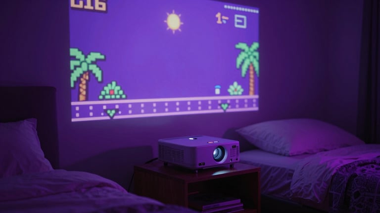 A cozy bedroom with a dark aesthetic, a classic 16-bit retro game projected onto the entire back wall, dramatic neon purple ambient light, a sleek projector on a nightstand, cinematic 35mm
