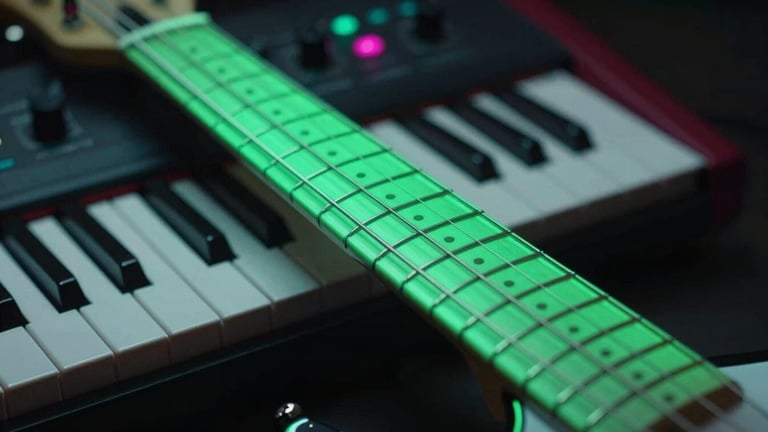 Extreme close-up of a modern electric guitar neck glowing under neon green backlighting, a synthesizer panel with illuminated dials blurred in the background, high contrast, 35mm lens.