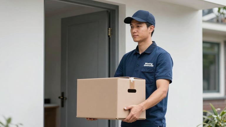 A professional team member of Woning Ontruim Service in a neat uniform carrying a cardboard box respectfully out of a clean house in Amsterdam, soft overcast daylight.