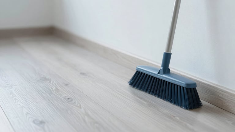 Close-up of a neatly swept wooden floor in a bright apartment, a professional broom resting against the wall, soft natural daylight, calm and clean