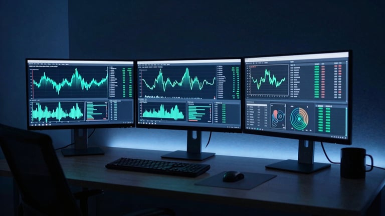Minimalist home office setup of a focused trader, low-key ambient cool blue light, glow of multiple monitors displaying data visualizations, macro lens.