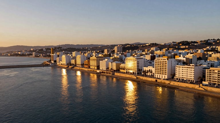 Vue aérienne panoramique de la baie de Tanger au coucher du soleil, reflets dorés sur l'eau, architecture de prestige à Malabata.