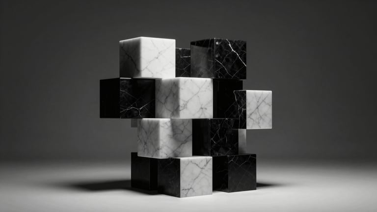 Dramatic chiaroscuro studio lighting on a complex abstract 3D geometric structure of interlocking black and white marble blocks, high contrast, absolute minimalist architectural style