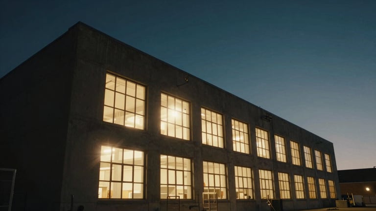Low-angle wide shot of a modern industrial concrete studio building in Salt Lake City at twilight, warm tungsten light glowing from large windows, cinematic anamorphic lens flare, moody dark sky, 35mm film style.