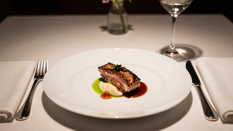 Straight-on view of a fine dining place setting, single white plate with a precisely garnished entrée, polished silverware flanking, folded napkin, warm restaurant light