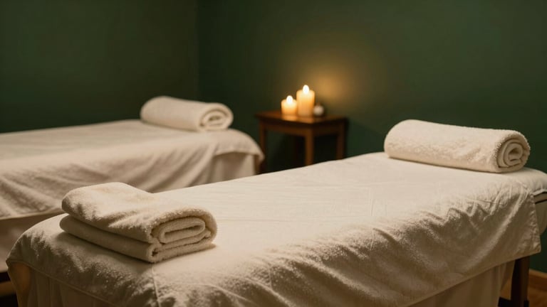 Wide shot of a serene, empty spa treatment room with soft golden candlelight, folded towels on a wooden table, deep forest green walls, 35mm