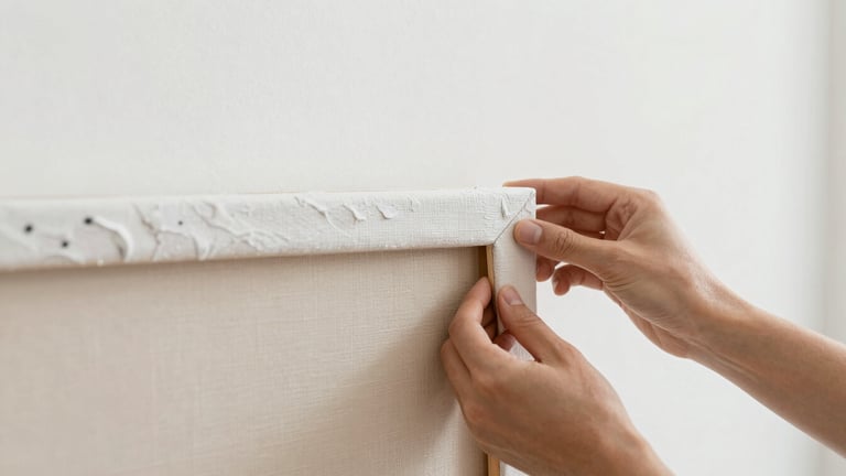 Close-up shot of hands inspecting the gallery-wrapped edge of a heavy-gauge linen canvas stretched on pine, soft natural daylight, minimalist artist studio background, 50mm