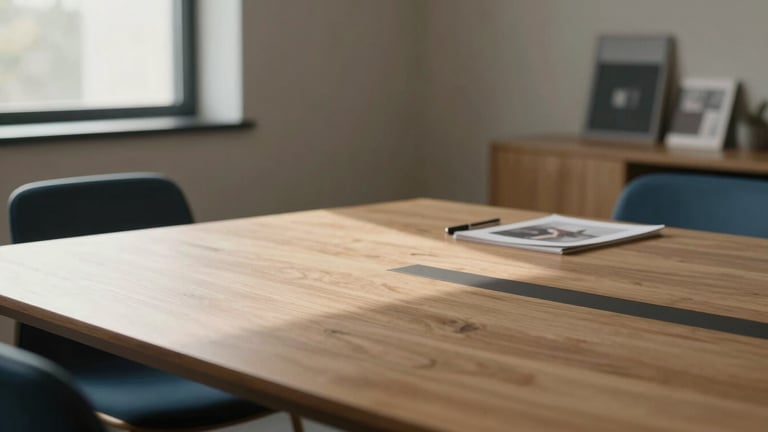 A quiet, minimalist architectural office meeting room with soft natural window light casting gentle shadows on a warm oak table, muted navy accents, high-end stationery, editorial photography, shallow depth of field