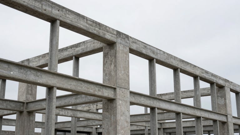 Crisp architectural photography of exposed structural steel framing and raw poured concrete, natural overcast daylight, desaturated slate tones, sharp focus, 35mm