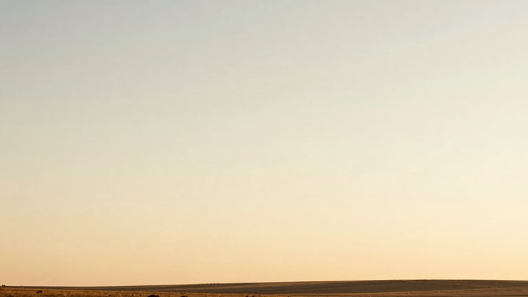 Wide panoramic natural landscape at golden hour, soft cream and earth tones, expansive sky, low horizon, warm editorial photography