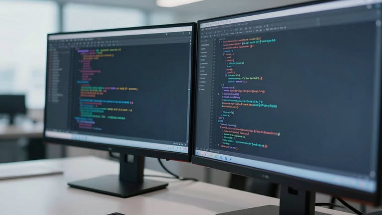 Close-up macro shot of a high-end developer workstation in a cool-toned corporate office, showing clean software code on a dual-monitor setup, sharp focus, architectural lines