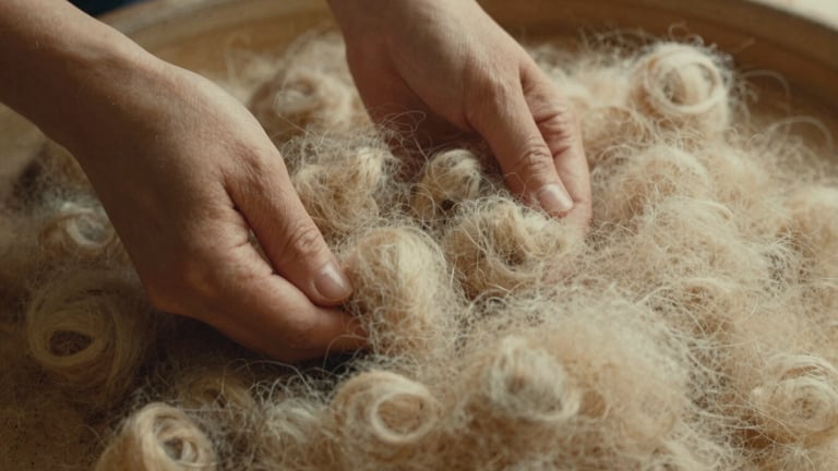 Close-up of hands gently sifting through a pile of raw, unspun cashmere fibers, soft diffused light, tactile texture, warm editorial photography, 35mm film