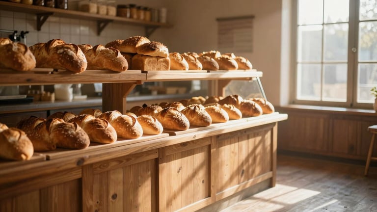 Wide panoramic shot of a rustic bakery counter at sunrise, fresh golden loaves stacked on wooden shelves, soft morning window light casting long shadows across the floor, 35mm.