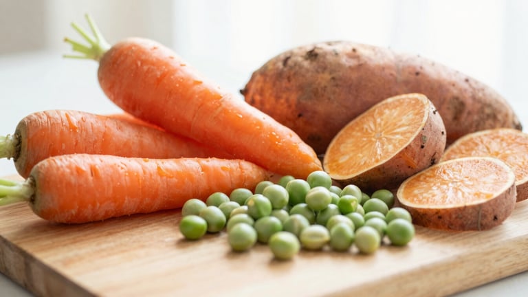 A close-up of fresh, vibrant organic vegetables (carrots, sweet potatoes, peas) on a wooden cutting board, diffused natural morning light, soft and warm, ready for baby food preparation, warm editorial photography.
