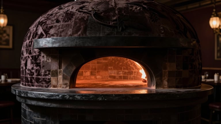 Massive wide-angle shot of a glowing wood-fired pizza oven in a dark, opulent restaurant interior, strong directional light on the oven, chiaroscuro, velvet-draped ambiance