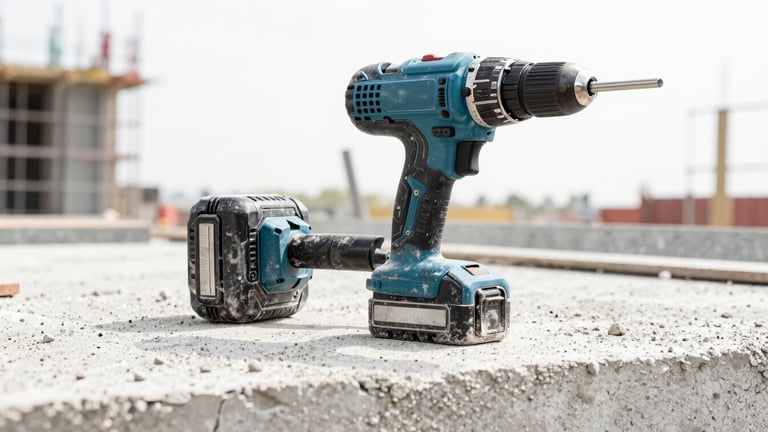 Close-up of a heavy-duty cordless drill, covered in concrete dust and grime, resting on a rough concrete slab on an active construction site. Bright daylight, sharp focus, industrial detail, low angle.