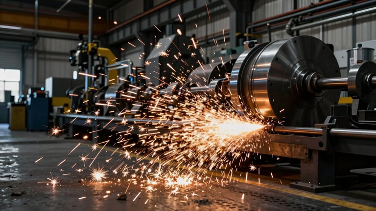 Wide panoramic shot of a modern industrial workshop, active fabrication with brilliant grinding sparks, metallic textures, dramatic high-contrast lighting