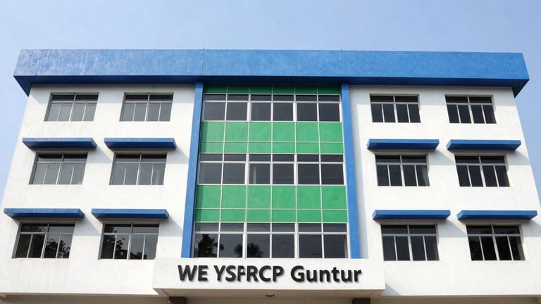 Authentic civic photography of the clean, professional facade of the WE YSRCP Guntur office building, bright natural daylight, no people, clean blue and green accents, sharp focus, 35mm lens