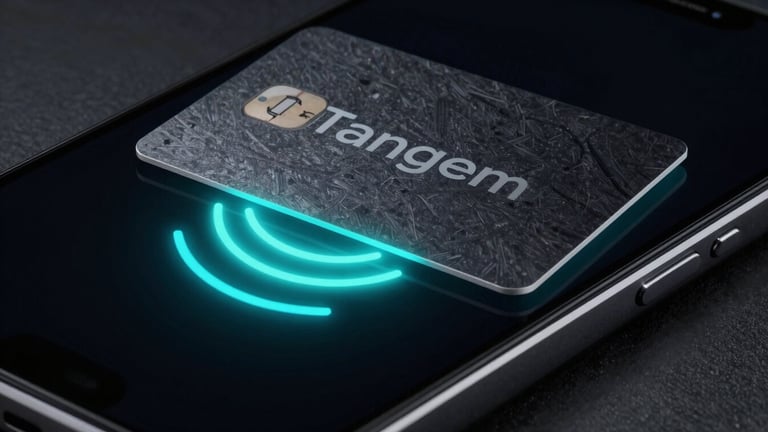 Extreme close-up macro shot of a sleek obsidian Tangem card touching a modern smartphone screen, glowing neon cyan NFC wave lines, moody technical studio lighting, deep shadows