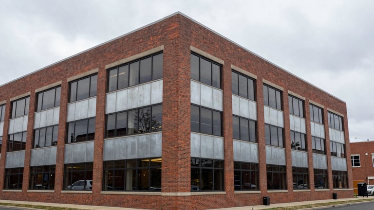 Wide environmental shot of a professional brick office building exterior in Keasbey, NJ, overcast daylight, desaturated steel tones, realistic textures, 35mm lens