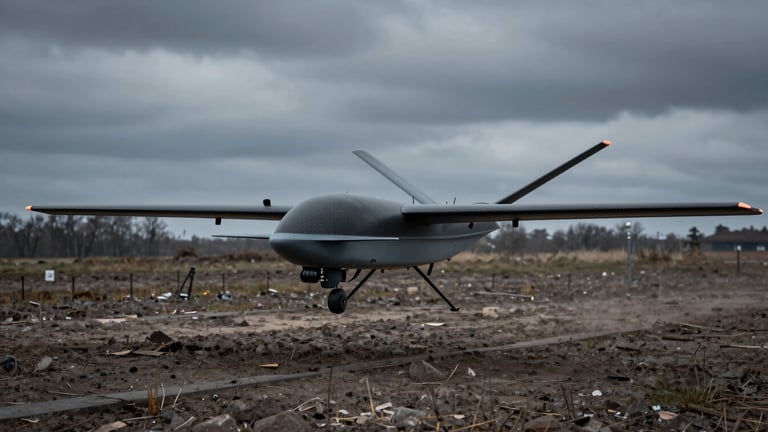 Wide environmental tracking shot of a carbon-fiber dual-use UAV flying over a rugged, overcast outdoor testing field in Romania, cool-toned dramatic daylight, 50mm.