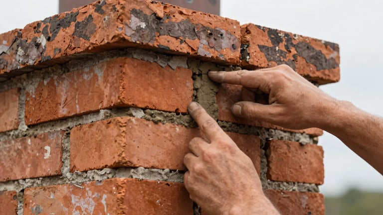 Extreme close-up of a bricklayer's hands expertly pointing mortar between old bricks during a chimney restoration, rich textures, natural overcast daylight, 35mm lens