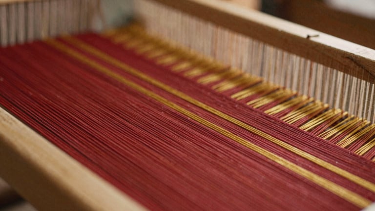 Macro close-up of a wooden loom with deep red and gold threads, soft warm side-light highlighting the physical texture of the weave, shallow depth of field
