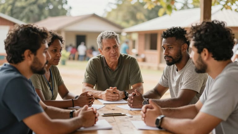 warm editorial photography, natural morning light, rich earthy tones, medium depth of field, authentic documentary style, diverse group of community leaders collaborating at a table, hands-on discussion, focused eye contact, local community development site in background
