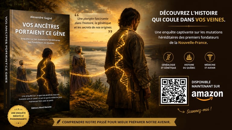 Bannière promotionnelle du livre Vos ancêtres portaient ce gène d'Alexandre Gagné — enquête sur les 