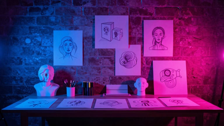 Wide-angle gritty flash photograph of a chaotic creative studio in West Valley City, neon electric blue and hot pink gel lighting casting dramatic shadows over marker sketches, physical mockups, and raw brick walls, sharp 35mm.