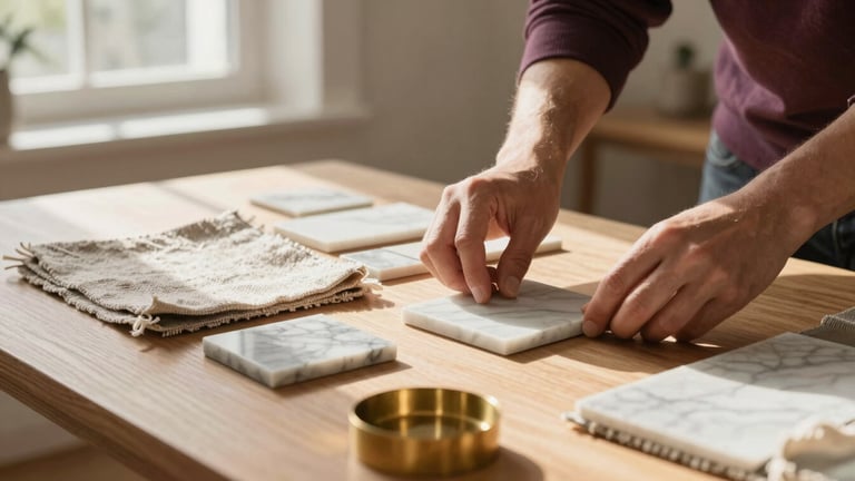 A designer's hands carefully arranging marble samples, textured linen swatches, and brass finishes on a light oak table, soft afternoon sunlight pouring in.