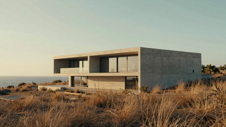 Wide cinematic view of a minimalist concrete villa overlooking the Mediterranean, dry grasses in the foreground, golden hour light