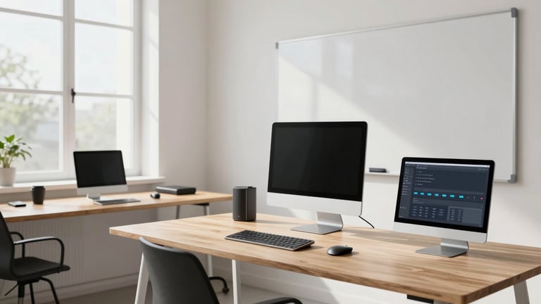 A bright, minimalist modern workspace with natural daylight streaming through large windows, featuring clean wooden desks, physical whiteboards, and sleek hardware setups.