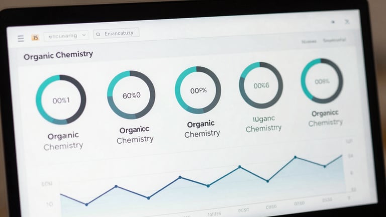 A clean, high-contrast UI dashboard showing progress circles, weak-area warnings for organic chemistry, and score trends