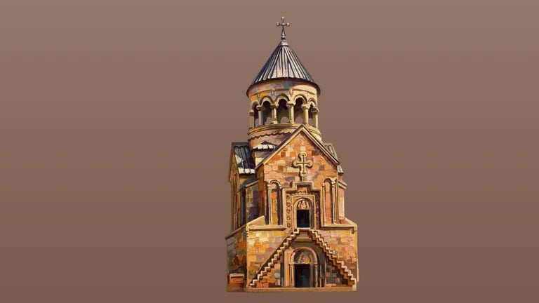 Detailed oil painting snippet of an ancient Armenian church dome by Meruzhan Khachatryan