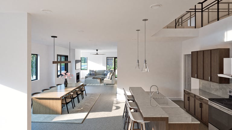 an architectural rendering of a residential kitchen and living area