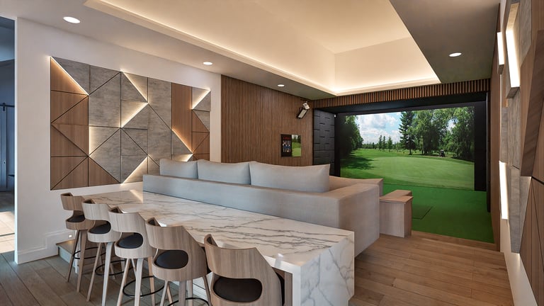 an architectural rendering of a golf simulator in a custom home room