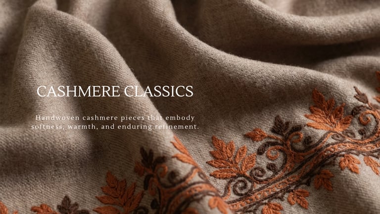 Handwoven cashmere shawls and embroidered jackets crafted by Kashmiri artisans, soft and warm